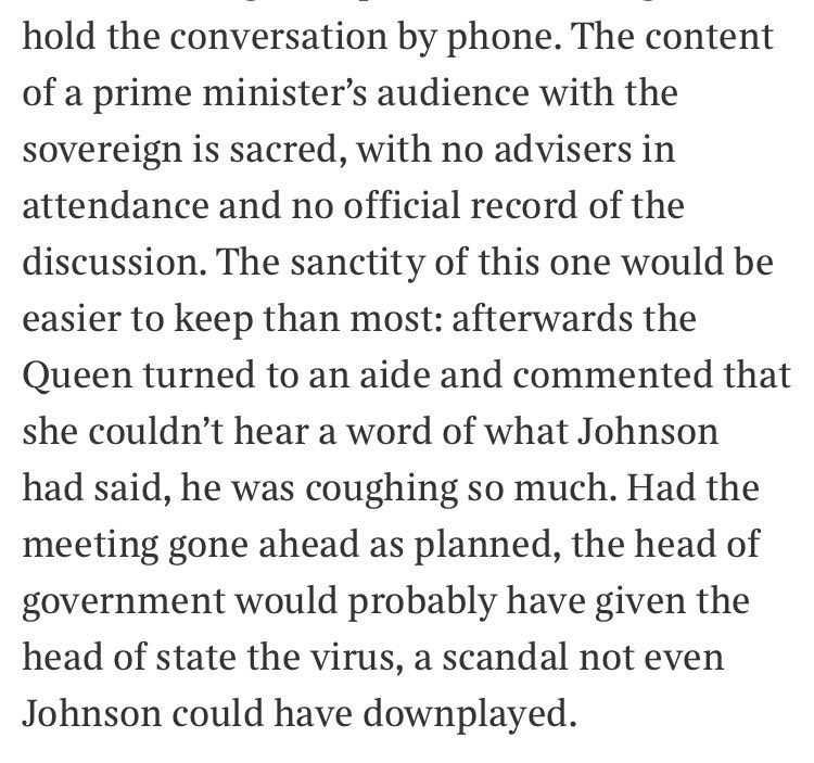 Almost two years ago I reported that Boris Johnson had tried to meet the Queen when he had Covid symptoms.  I was told by No10 it was “completely untrue”. 

Yet @AnthonySeldon and @RaymondNewell_ confirm in their new book on the former PM that it had, in fact, happened.