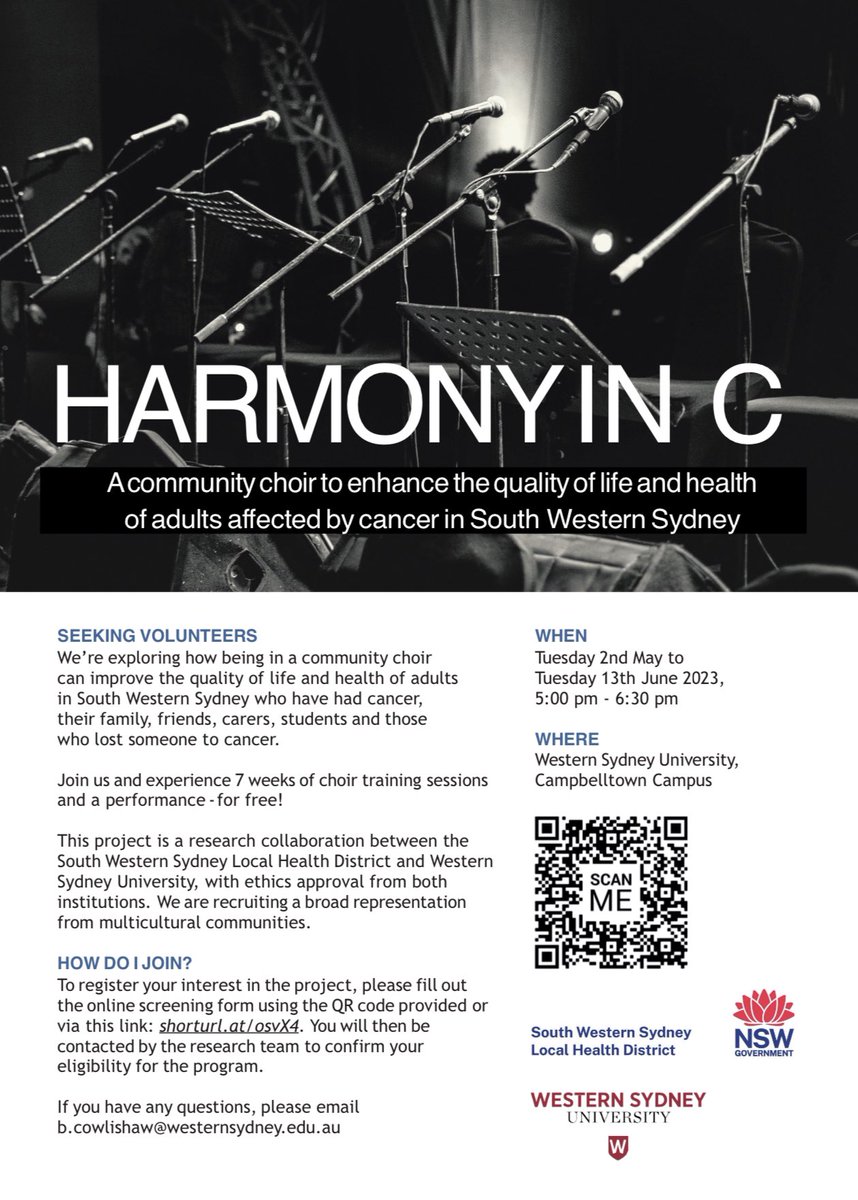 mcamitsydney's tweet image. asking your help again to promote the new start date ( 2 May 2023- 5 pm to 630 pm ) at @westernsydneyu #campbelltown campus. Exploring: what Is the potential of harmony singing to wellbeing and cancer literacy ?