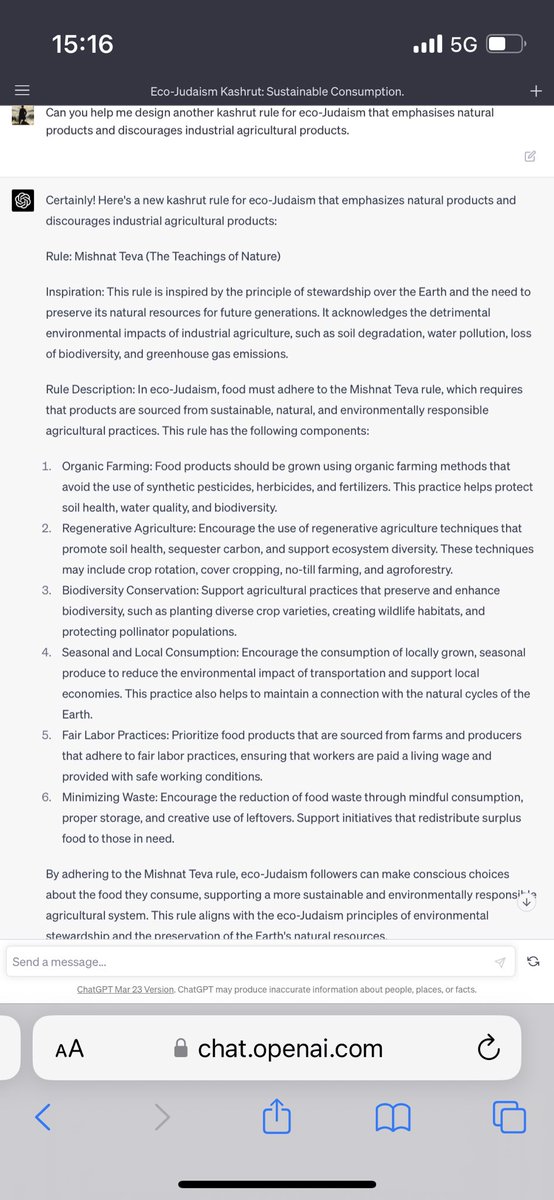 I think that #chatgpt is the ultimate rabbi. He has all the answers. I think that religion is a wonderful avenue to think about ecology and responsible consumption. Judaism is also the religion of eating restriction. So what’s kosher under eco-Judaism? I asked. #ai #Judaism
