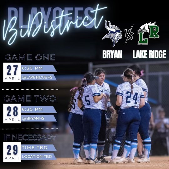 BHSsoftball's tweet photo. 👉🏼Playoff info! 👈🏼

🚌Heading to Lake Ridge on Thursday. 🚌

💙Back at Bryan High Friday. 💙

⚡️Game 3 TBD⚡️

@BryanISDSports  @BryanISD  @LaneBuban  
#govikes #boardtheship #bryansoftball #vikingsoftball https://t.co/mh49pxQyPg