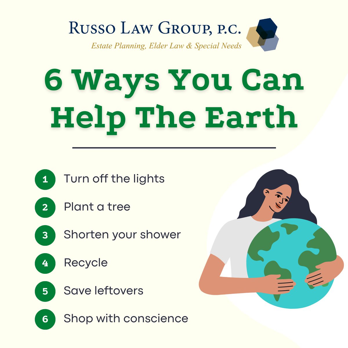 Earth Day is an important reminder to take action for our planet. Let’s make a commitment to protect the environment by making sustainable choices like reducing single-use plastics, conserving water and energy and planting trees. #russolawgroup  #EarthDay2023 #ActOnClimateChange