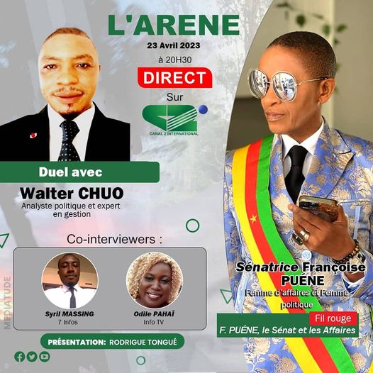 canal2inter's tweet photo. Ce soir dès 20h30 retrouvez Rodrigue Tongué Ndeutch à la présentation de votre émission l'Arène.
Il recevra la Sénatrice Françoise PUENE ( #Mami #nianga ).
Soyez des nôtres sur Canal 2 International.
#larène
#Canal2international https://t.co/ylipvEqBps