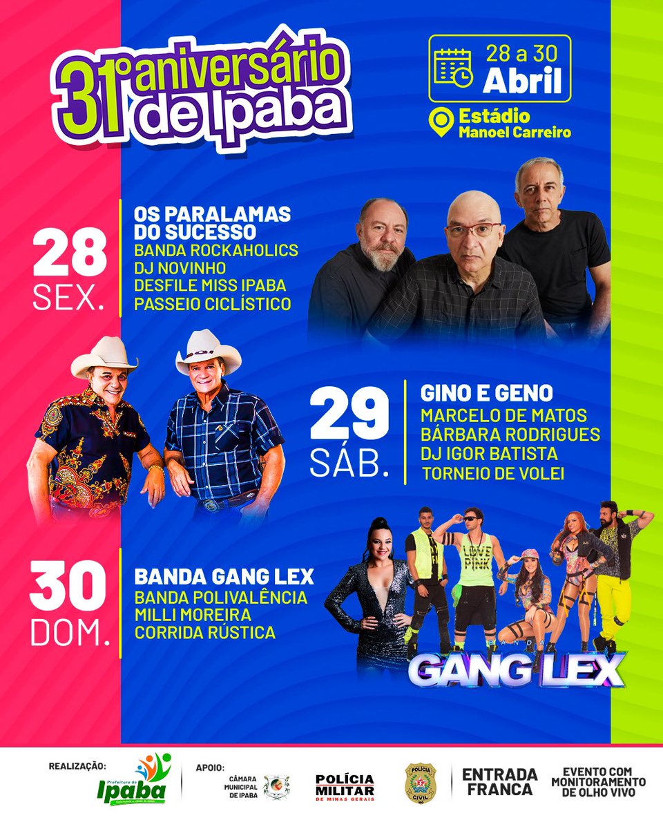 Jonas1miranda's tweet photo. E na próxima semana teremos a Grande Festa de Aniversário da Cidade Ipaba. 
Shows com #ParalamasdoSucesso #GinoEGeno e muito mais. Venha participar!! https://t.co/ADP2FI2KqB