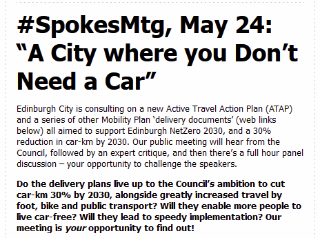 SpokesLothian's tweet photo. Spokes Public Mtg, 24 May
"A City where you Don't Need a Car"
->https://t.co/2jJwaP82R5
Transport Convener @CllrScottArthur
Strategy Manager #PhilNoble
Critique by Prof @Adrian4Davis
Intro & QA Chair: @DrCarolineBrown
#ActionPlans incl draft new🚲👩🦽🚶♀️#ATAP
@John_Lauder @edfoc https://t.co/CSvSul3Ulp