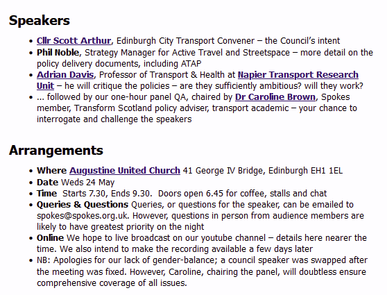 SpokesLothian's tweet photo. Spokes Public Mtg, 24 May
"A City where you Don't Need a Car"
->https://t.co/2jJwaP82R5
Transport Convener @CllrScottArthur
Strategy Manager #PhilNoble
Critique by Prof @Adrian4Davis
Intro & QA Chair: @DrCarolineBrown
#ActionPlans incl draft new🚲👩🦽🚶♀️#ATAP
@John_Lauder @edfoc https://t.co/CSvSul3Ulp