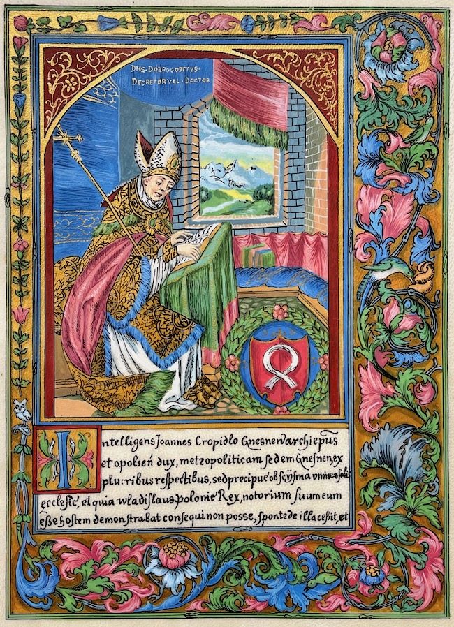 illuminated manuscript leaf of Catalogus archiepiscoporum gnesnensium by Jan Długosz