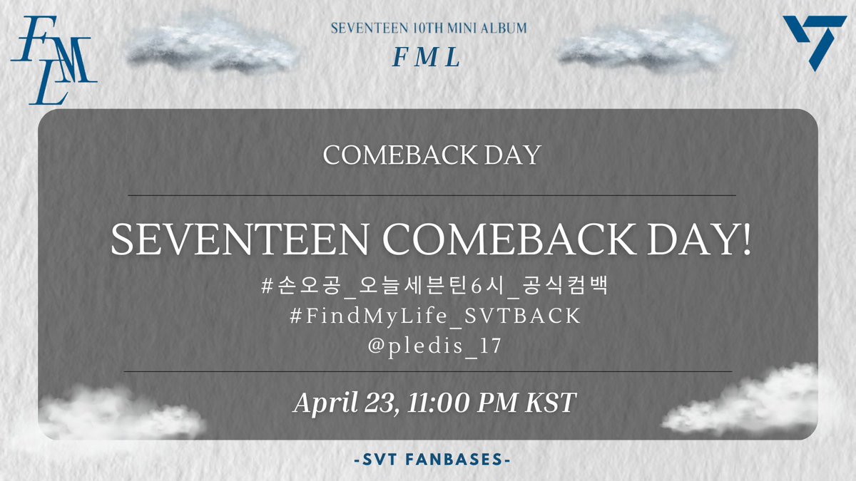 svtbillboard's tweet photo. [#FML_HASHTAG] 

Let us start using our tags for today!  👇

👉: SEVENTEEN COMEBACK DAY! 
#손오공_오늘세븐틴6시_공식컴백 #FindMyLife_SVTBACK @pledis_17 

⏰: NOW! https://t.co/Joh2kKtxIM