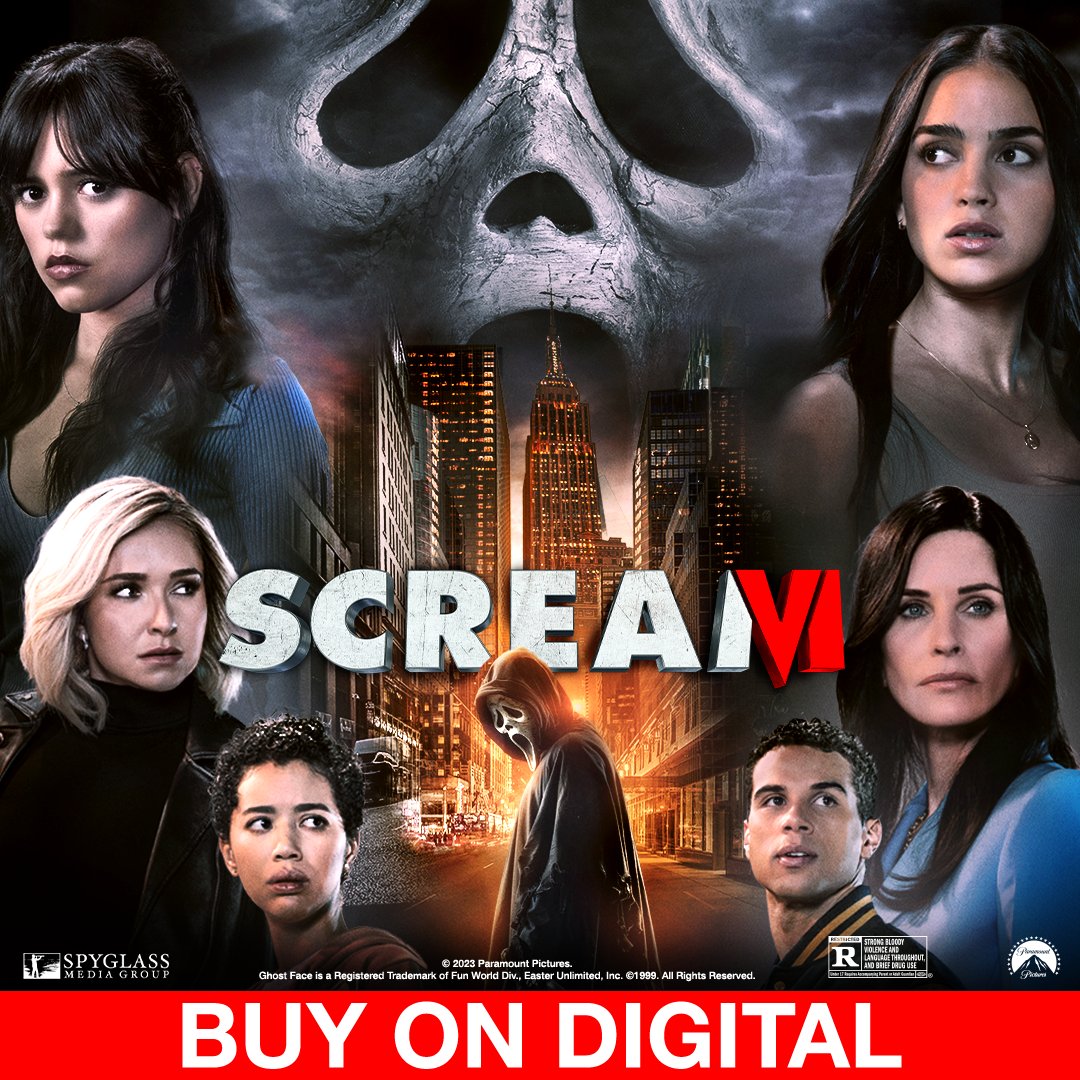 PCLeftovers's tweet image. Buy #ScreamVI on Digital Now! #Ghostface is back &amp;amp; more terrifying than ever on a rampage in the big apple. #MelissaBarrera, #JennaOrtega &amp;amp; #CourteneyCox star in the sensational slasher hit Directed by #MattBettinelliOlpin &amp;amp; #TylerGillett. Rated R