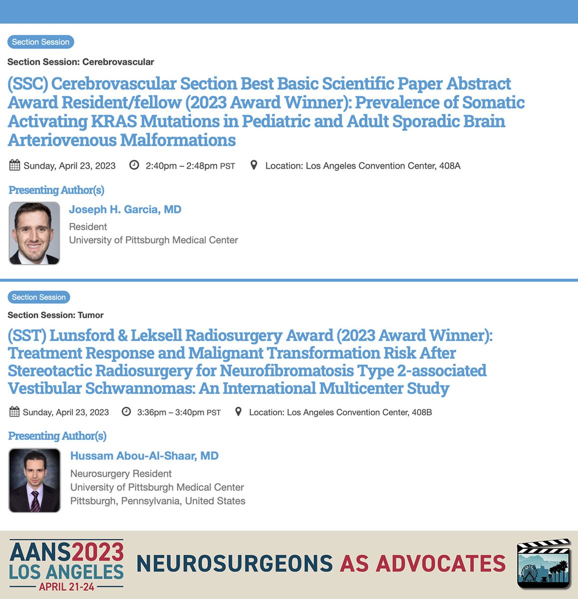 Two <a href="/PittTweet/">University of Pittsburgh</a> neurosurgery residents giving award presentations at #AANS2023. Joseph Garcia—Cerebrovascular Best Scientific Abstract—and Hussam Abou-Al-Shaar—Lunsford/Leksell Radiosurgery Award. Congratulations to both. <a href="/haboualshaar/">Hussam Abou-Al-Shaar</a> <a href="/Elekta/">Elekta</a> <a href="/UPMC/">UPMC</a> <a href="/pittnsgy/">pitt nsgy residents & alumni club</a>