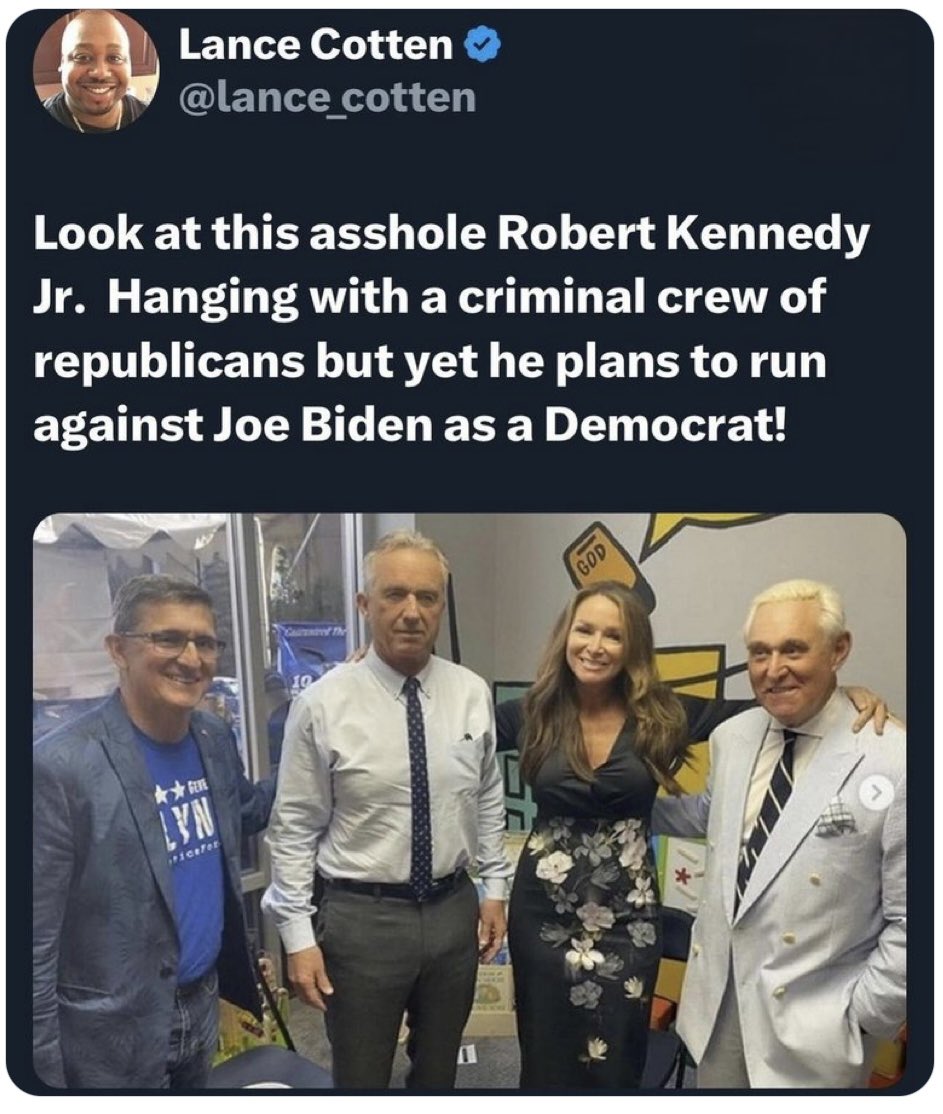 kinley_brenda's tweet photo. 🚨Robert Kennedy Jr is not a Democrat

🚩He’s a MAGA backed, anti-vaxxer candidate
🚩He’s recruited by Bannon &amp; promoted by Roger Stone
🚩He’s a useful idiot &amp; Trojan horse designed to help Trump
🚩His brothers/sisters have come out against him

#DemVoice1
#VoteBIGblue
#Dems4USA https://t.co/W08cUgGbtP