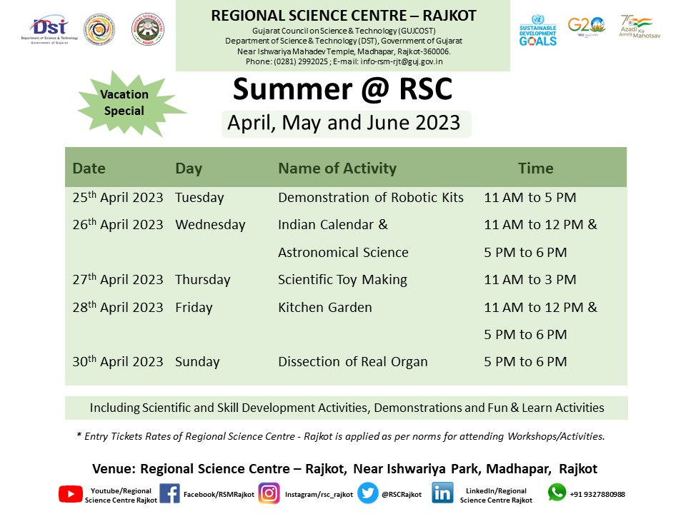 RSCRajkot's tweet photo. Don't miss out this opportunity from building #robots to exploring the mysteries of #universe, from developing #KitchenGarden to #Dissection of #RealOrgans, spend your #Vacation with interactive scientific activities in #SummerAtRSC program at @RSCRajkot! @vnehra @narottamsahoo https://t.co/re97Ttkv5c