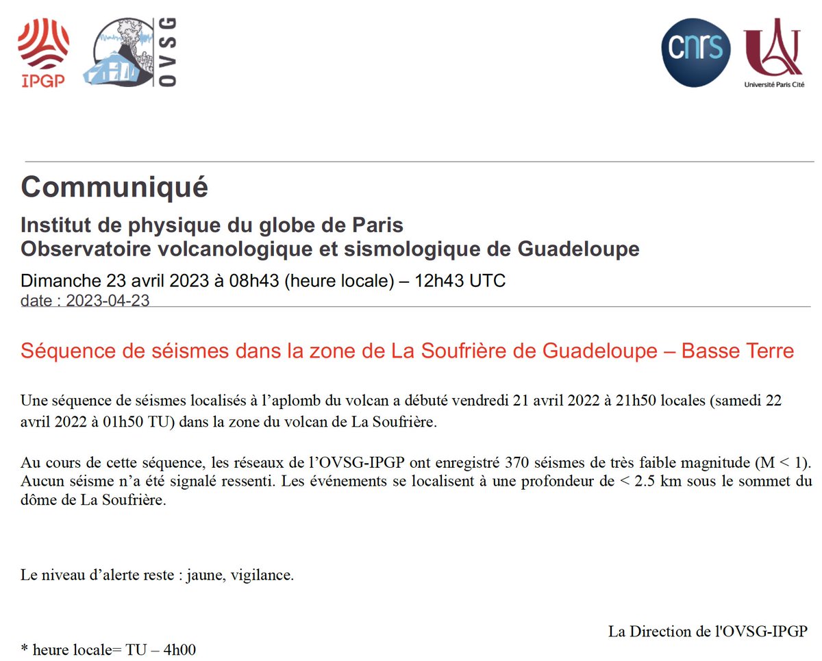ObsGuadeloupe's tweet photo. La séquence de séismes volcaniques qui a débuté vendredi 21 avril à 21h50, dans la zone du volcan de La Soufrière se poursuit :
➡ 370 séismes  
➡ Très faible magnitude (M < 1)  
➡ Aucun séisme ressenti https://t.co/bCyQOUx2i5