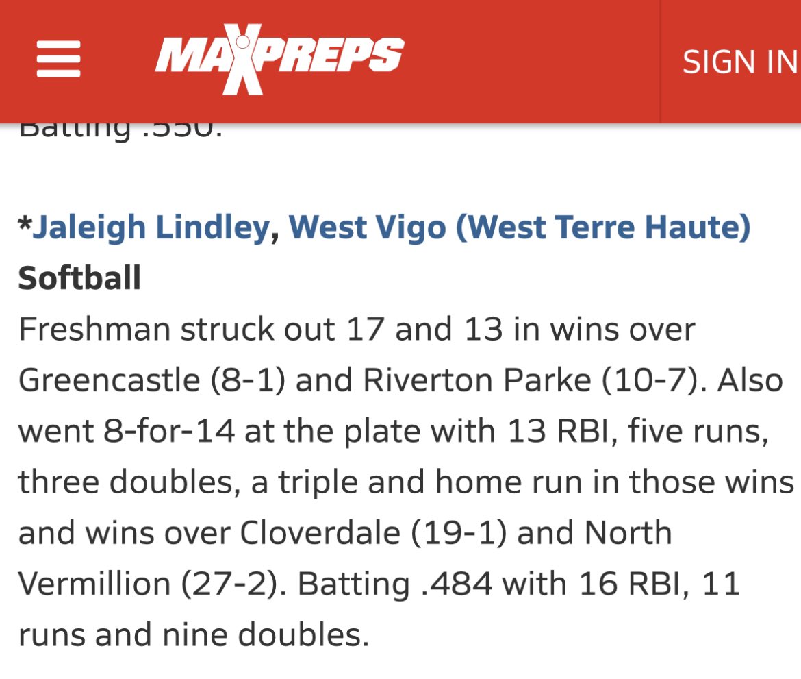 JaleighLindley's tweet photo. Honored to be chosen as a Freshman for Indian’s Athletes of the week by @MaxPreps. Thank you for all of the votes, it was truly an honor. @KarenWeekly @KateMalveaux @_TimWalton @coachferrell15 @ExtraInningSB @LegacyLegendsS1 @Los_Stuff @UKCoachLawson @Coach_pooch @coachcbartlett https://t.co/Rur5FwGBmn