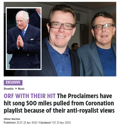The Proclaimers will #SkipTheCoronation
Alba MP Kenny Macaskill: “The Proclaimers, like many in this country, wouldn’t cross the road, never mind walk 500 miles, for this junket that will cost a fortune at a time when many folk are living in misery.
#NotMyKing #AbolishTheMonarchy