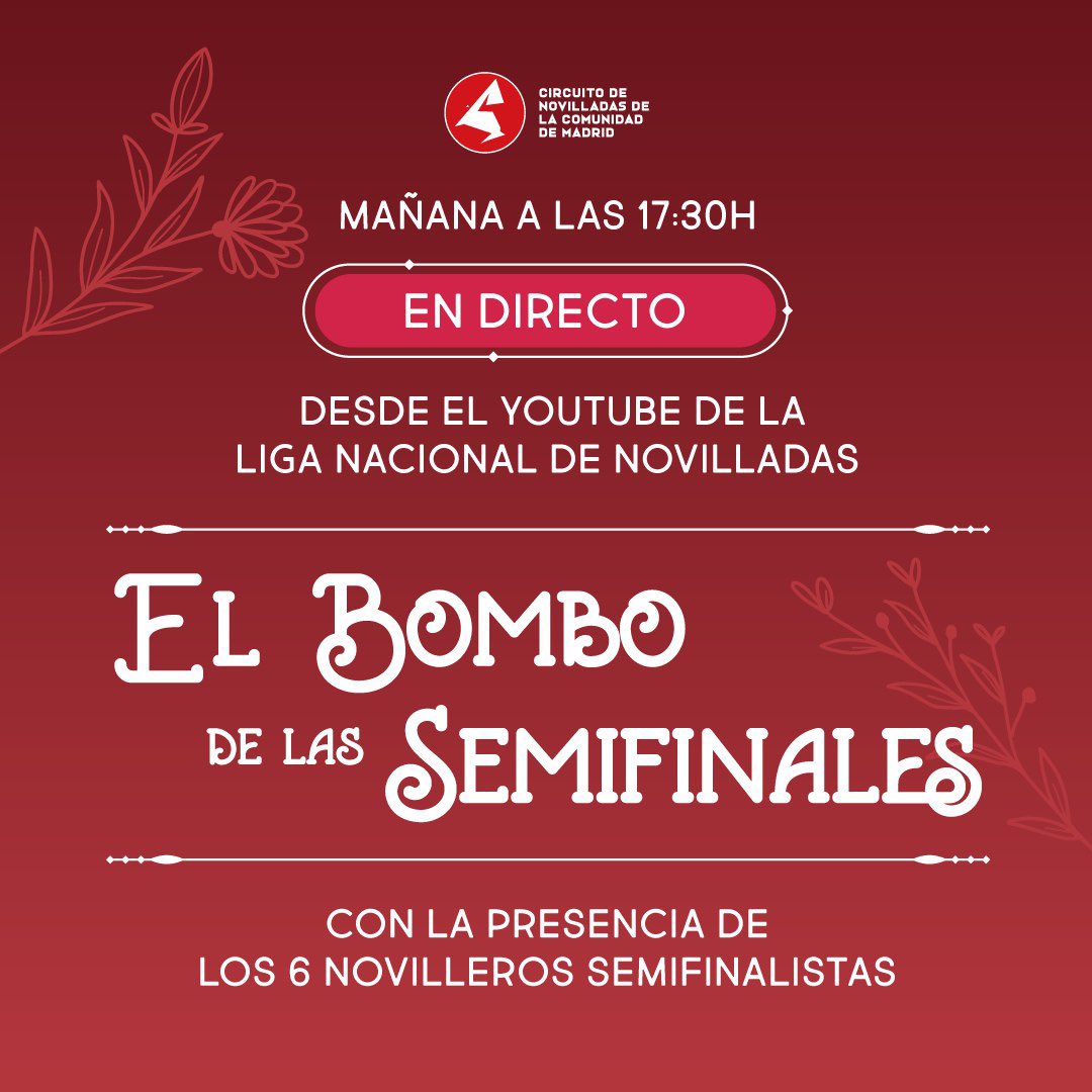 CircuitoCMadrid's tweet photo. 🗳️𝗤𝗨𝗘́ 𝗡𝗘𝗥𝗩𝗜𝗢𝗦…. Mañana a las 𝟭𝟳:𝟯𝟬𝗵 ⏰ estaremos en directo para el sorteo de los carteles de las semifinales 

➡️ Contaremos con la presencia de los seis novilleros 🐂

¡No te lo pierdas y métete en el YouTube 🎥 de la Liga Nacional de @novilladas a las 17.30h! https://t.co/ed1x1rYCPB