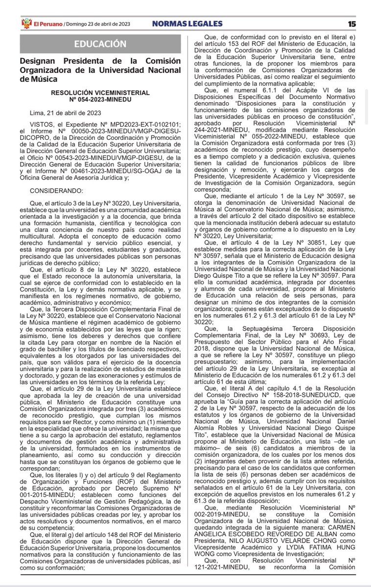 PabloInculto's tweet image. #LoUltimo: Tal como lo adelantamos ayer: ya es oficial la designación de Lydia Hung Wong en el cargo de Presidenta de la Comisión Organizadora de la Universidad Nacional de música, luego de que @MineduPeru aceptara la renuncia del educador especialista en biología Jorge Rivera.