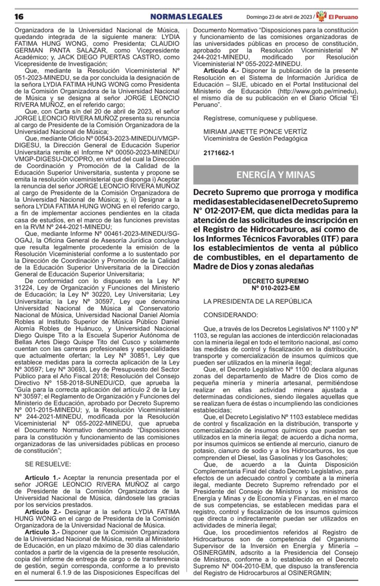PabloInculto's tweet image. #LoUltimo: Tal como lo adelantamos ayer: ya es oficial la designación de Lydia Hung Wong en el cargo de Presidenta de la Comisión Organizadora de la Universidad Nacional de música, luego de que @MineduPeru aceptara la renuncia del educador especialista en biología Jorge Rivera.