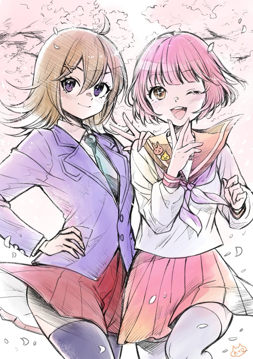akezima_d's tweet photo. 🌸#CryptoNinja 春のファンアートコンテスト🌸

タイトルは
『もうひとつのCryptoNinja』
朝は学生、夜は忍者の宇迦ちゃん🦊於兎ちゃん🐰

制服姿のCryptoNinjaも好きですか？

#ninjart   
#NINJARTコンテスト https://t.co/By4kMRlknl