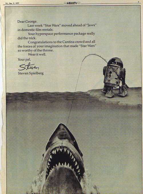 There's a tradition of film directors and studios congratulating each other for beating their box office records. A THREAD In 1977, when STAR WARS beat Jaws to become the highest-grossing movie ever, Steven Spielberg took out the below ad for George Lucas in @Variety 1/11