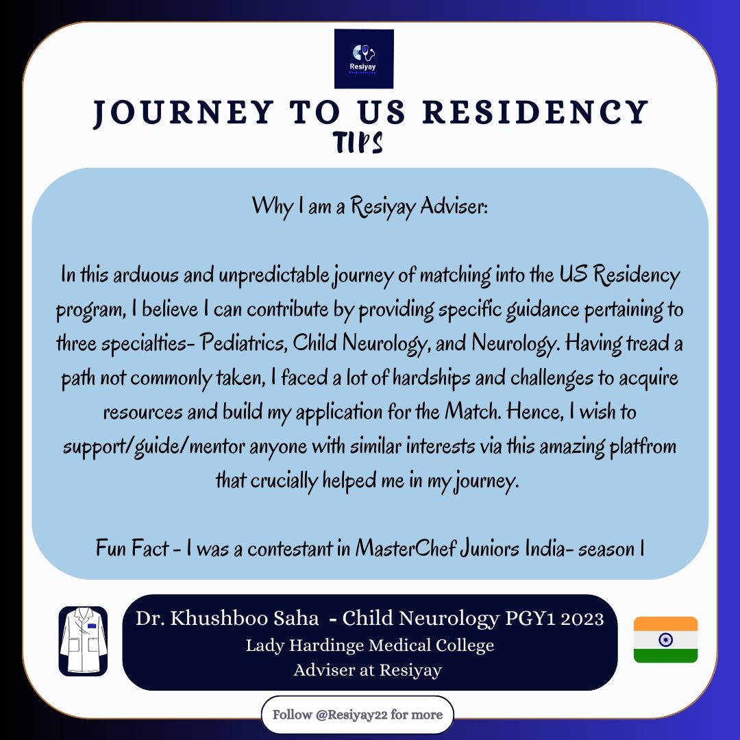 Journey to US Medical Residency Conversation with Resiyay Adviser Dr. Khushboo Saha, Incoming Child Neurology PGY-1  <a href="/K_Saha_/">Dr. Khushboo Saha</a> 

Registration link in LinkTree

#Match2023 #Match2024 #USMLE #MedTwitter #IMGMatch #IMG #Residency #NeuroTwitter  #ECFMG #InsidetheMatch  #free