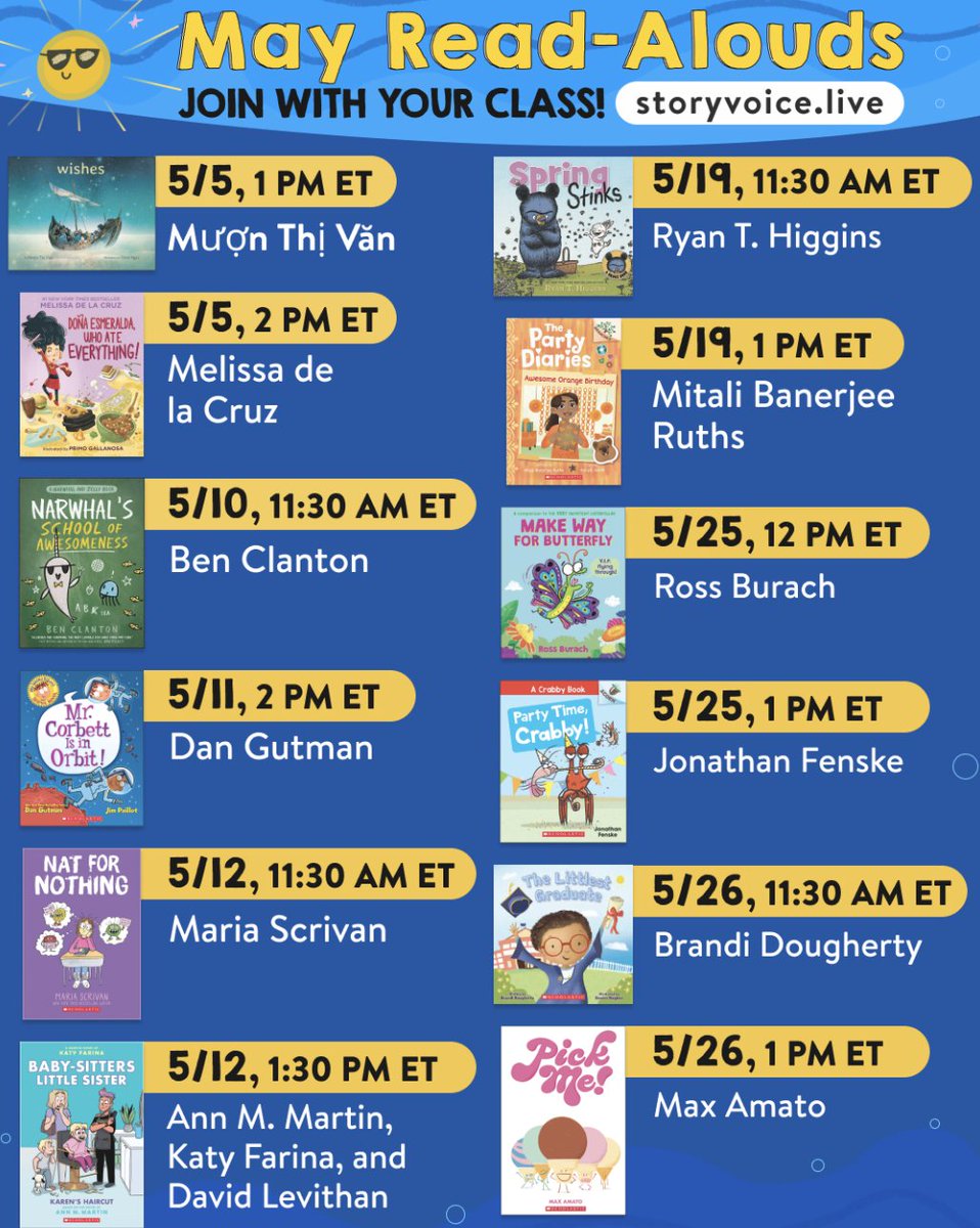 Shannon McClintock Miller (@shannonmmiller) on Twitter photo 12 LIVE Author Read-Alouds in May from our friends at <a href="/storyvoicelive/">Storyvoice</a>
Check them out here... buff.ly/3HqtF0S
#tlchat #futurereadylibs #ISTELib #edchat #libraries 12 LIVE Author Read-Alouds in May from our friends at <a href="/storyvoicelive/">Storyvoice</a>
Check them out here... buff.ly/3HqtF0S
#tlchat #futurereadylibs #ISTELib #edchat #libraries