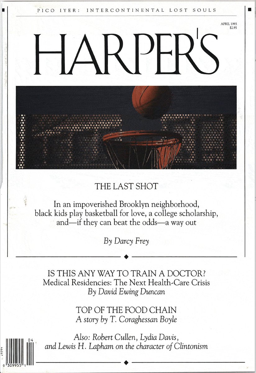 bryancurtis's tweet photo. 30 years ago this month: Darcy Frey's "The Last Shot" on the cover of Harper's https://t.co/2pJTtN0gJF