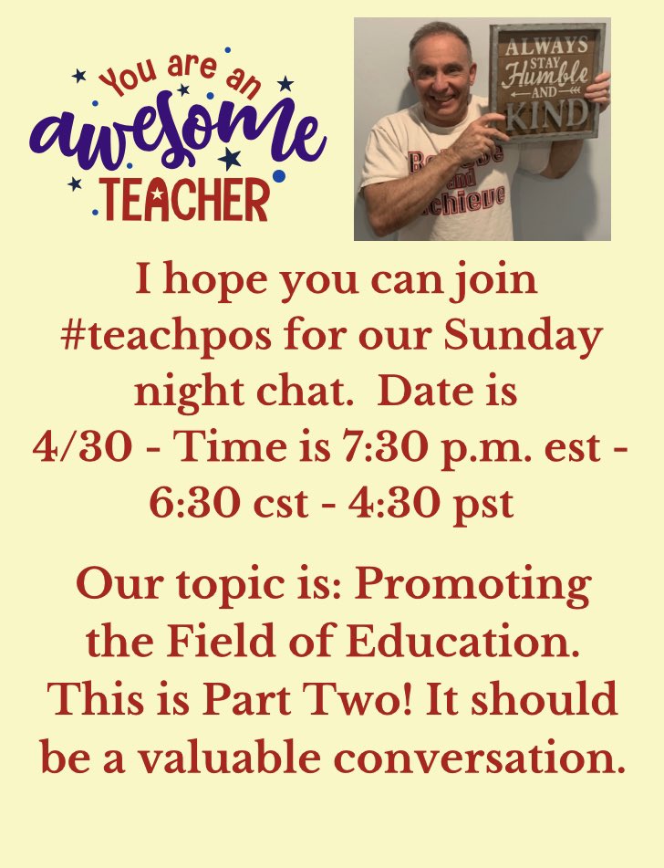 #teachpos in 30 minutes @tbwatkins89 @raspberryberet3 @Mathemagician4U @GiftedTawk @Toups_J @ChipBaker19 @theedepistolary @Rdene915 @RitaWirtz @Kbahri5 @BrandonBeckEDU @drbasilmarin @bbray27 @RavesiWeinstein @ChrisQuinn64 @DrCSJones @PreK33 @mcdonald_kecia @NowakRo @Mind_on_ASaP