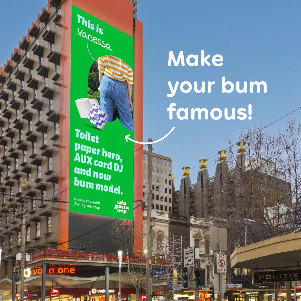 WhoGivesACrapTP's tweet photo. For over a decade, bums like yours have been helping us uncrap the world. Now we want to put your rear front &amp; centre! Get it featured on a billboard in London, Sydney or Melbourne (really, everyone’s invited). All you have to do is submit your pic here https://t.co/tCVGywv3rI https://t.co/5VefgI6Hyt