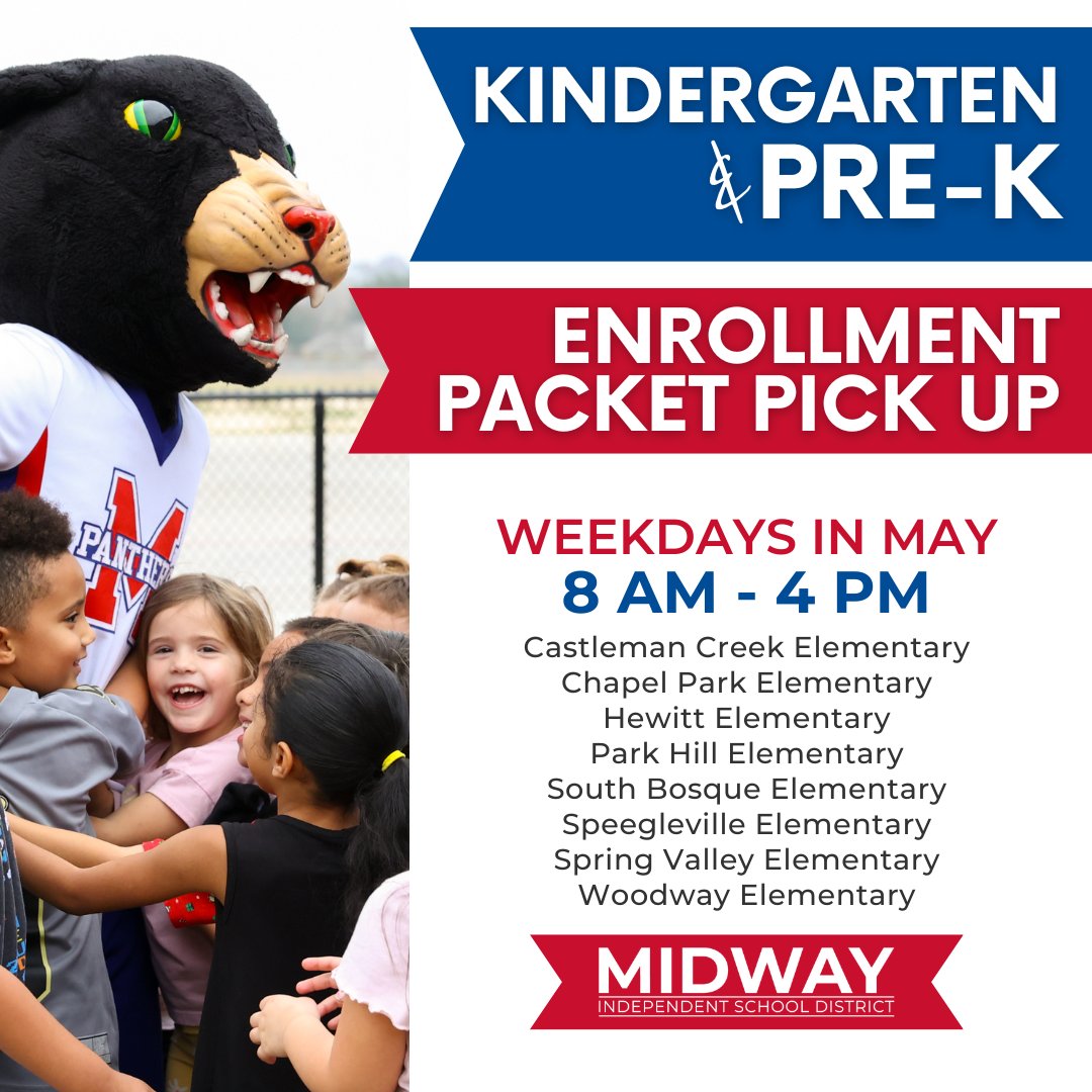 Is your little one ready for big kid school? Parents of incoming PreK and Kindergarten students can pick up pre-enrollment packets at all Midway elementary campuses on weekdays in May from 8am - 4pm. Check your home's attendance zone at midwayisd.org/zoning.