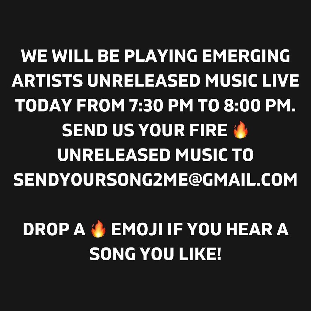 sayso_young's tweet photo. WE WILL BE PLAYING EMERGING ARTISTS UNRELEASED MUSIC LIVE TODAY FROM 7:30 PM TO 8:00 PM. SEND US YOUR FIRE 🔥 UNRELEASED MUSIC TO SENDYOURSONG2ME@GMAIL.COM PLEASE INCLUDE YOUR STAGE NAME AND YOUR CITY IN THE EMAIL.

Drop a 🔥 emoji if you hear a song y… https://t.co/39AQY9nVhx https://t.co/8grcWw8b4J