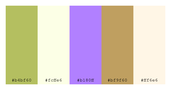 ColPaletteBot's tweet image. Beep beep, here&apos;s a pretty color palette for you! 

color-scheme.js parameters used: 
- hue: 279
- variation: light
- colors: #b4bf60, #fcffe6, #b180ff, #bf9f60, #fff6e6

Have a lovely evening!

#twitterbot #colorpalette #colors #palette #prettycolors