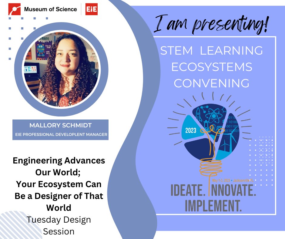 Excited to represent @EiE_org at the <a href="/STEMecosystems/">STEM Ecosystems</a> convening this week with <a href="/wnhgunsallus/">Heather Gunsallus</a>! I will also be presenting as part of the Engineering Advances Our World; Your Ecosystem Can Be a Designer of That World Session on Tuesday!