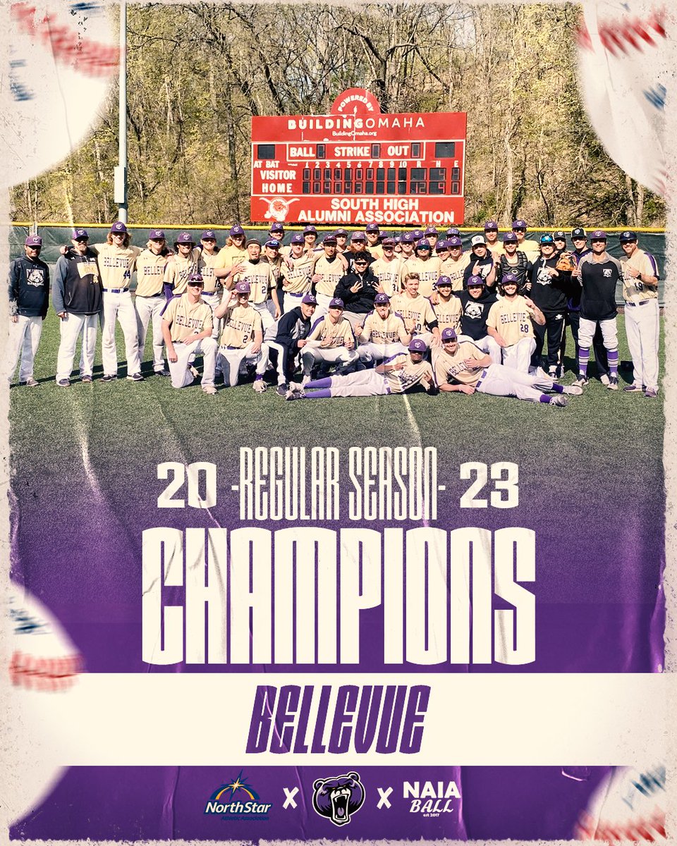 🚨 #5 Bellevue (41-8) clinches their 4th straight North Star Athletic Association regular season championship. The Bruins will be the #1 seed in the NSAA tournament starting this week. #NAIABall 
<a href="/BUBruins/">Bellevue Bruins</a> <a href="/BUBruinBaseball/">Bellevue U. Baseball</a>