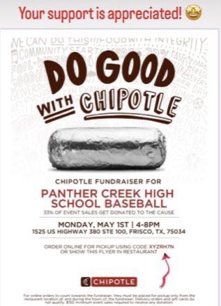 PantherCreekBsb's tweet photo. Monday Dinner ☑️
Support our program ☑️
5/1/23 4-8pm
#WINWIN https://t.co/3l4ohrHp3m