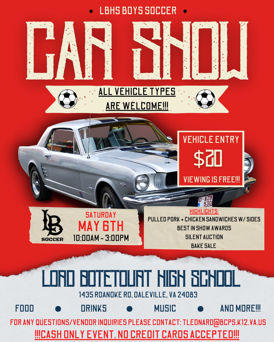Spread the word and mark your calendars. The LB Boys Soccer Car Show is almost here!!!