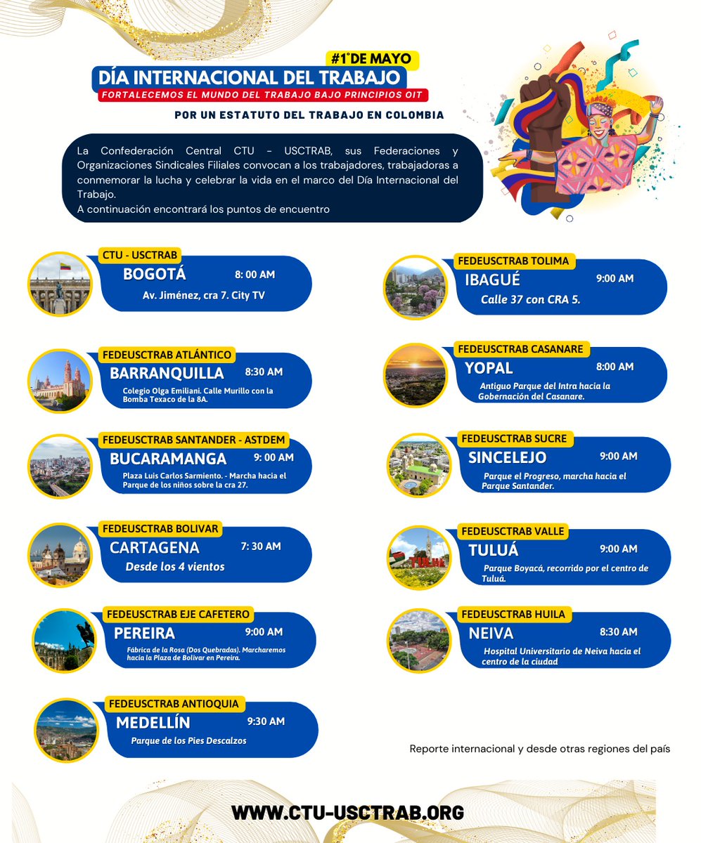 usctrab's tweet photo. #1DeMayo | 🫂 La Confederación Central CTU – USCTRAB, sus Federaciones y Organizaciones Sindicales Filiales conmemora la lucha y celebra la vida en el Marco del Día Internacional del Trabajo. 

Puntos de encuentro a nivel Nacional. https://t.co/d0PkREuA8v