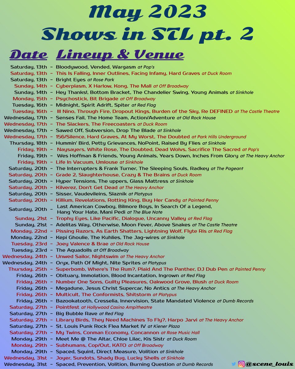 Holy crap that’s a lot of shows in May!

Reply if I missed something!

#stl #live #music #punk #metal #emo #hardcore #metalcore #deathcore #poppunk #indie #diy