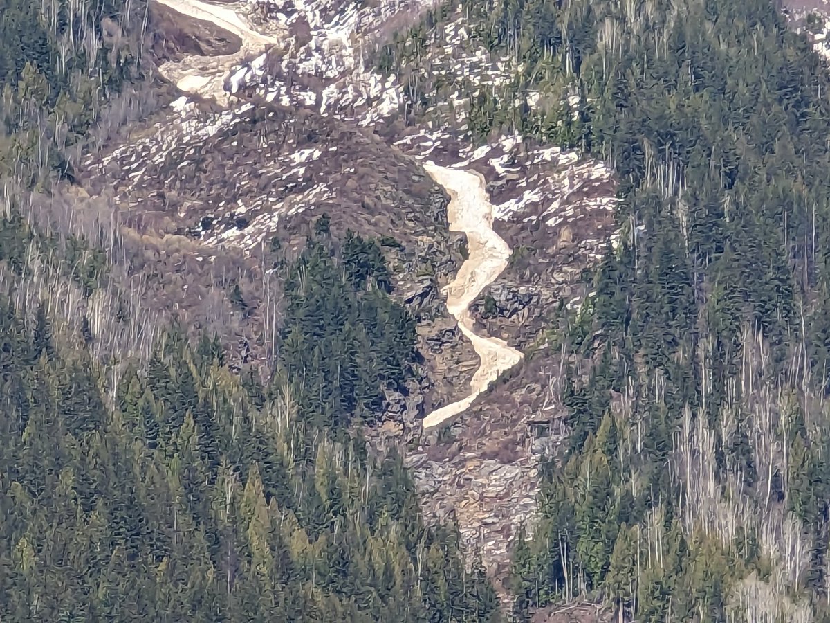 MuketyMuk's tweet photo. #Greenslide #Avalanche  moving down hill south of #Revelstoke  more than halfway down the mountain and it's still going. Started just below the highest point. Not sure if it'll make it to the valley bottom. It's snaking it's way down. Warm sunny.  #BCStorm https://t.co/sylCAEdDBO