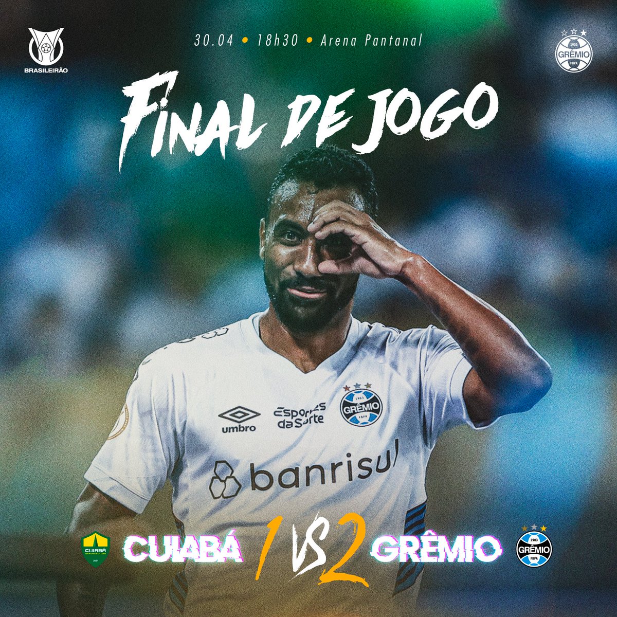 Gremio's tweet photo. Final de jogo: Cuiabá 1x2 #Grêmio
MAIS 3 PONTOS! Com gols do papai Vina e do Galdino, minutos depois de entrar em campo, vencemos a equipe do Cuiabá fora de casa. Nosso próximo confronto pelo #Brasileirão2023 será domingo, contra o Bragantino, do teu lado na Arena.
🇪🇪 #CUIxGRE https://t.co/Yy5fT1Zkfo