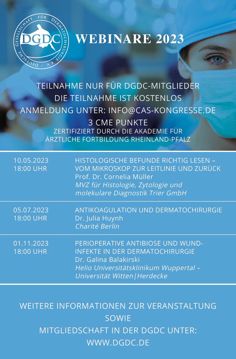 L_Kofler's tweet photo. DGDC Webinar am 10.05. um 18:00 Uhr. Teilnahme für Mitglieder kostenlos. #dermatochirurgie #derma #dermatosurgery #dgdc #webinar #medtwitter #fortbildung https://t.co/HGrHlE3fnJ