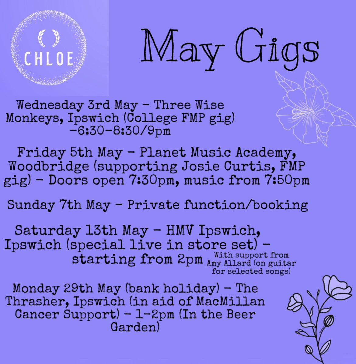 I’ve had a great time at the open mics this week 😁lovely time at @ipswichmayday today with Amy&Jordan ☺️🤍 🌸Scroll to see my upcoming gigs for May! So excited and grateful to be apart of all of these events, even get to perform in one of my favourite shops!😍
