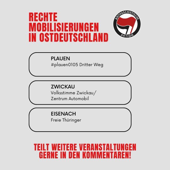 Am 1. Mai gibt es viele Gründe auf die Straße zu gehen. Wir haben uns entschieden, euch eine Übersicht rechter Mobilisierungen zu liefern, wie #le0105, #g0105, #zw0105 und #dd0105. 

Beteiligt euch an den linken Gegenprotesten um den Faschisten nicht die Straßen zu überlassen!