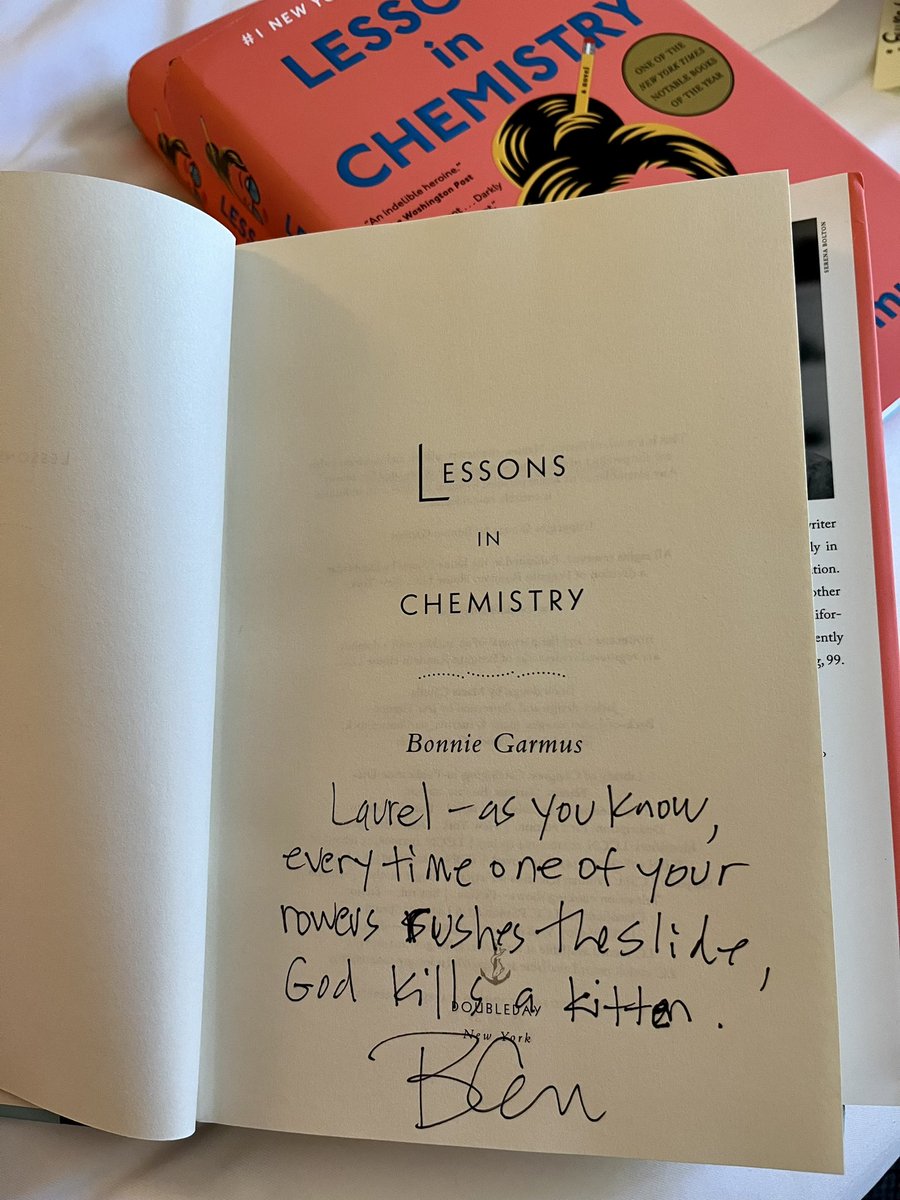 jsilerauthor's tweet photo. Fan girl confession: Talked rowing this morning with Bonnie Garmus, author of LESSONS IN CHEMISTRY. I'm such a dork I wore my team @Marin_Rowing windbreaker for a selfie with her. But the best part was her inscription on my coach's book! #rowing @doubledaybooks @svauthorsfest https://t.co/mcsxNMPh64