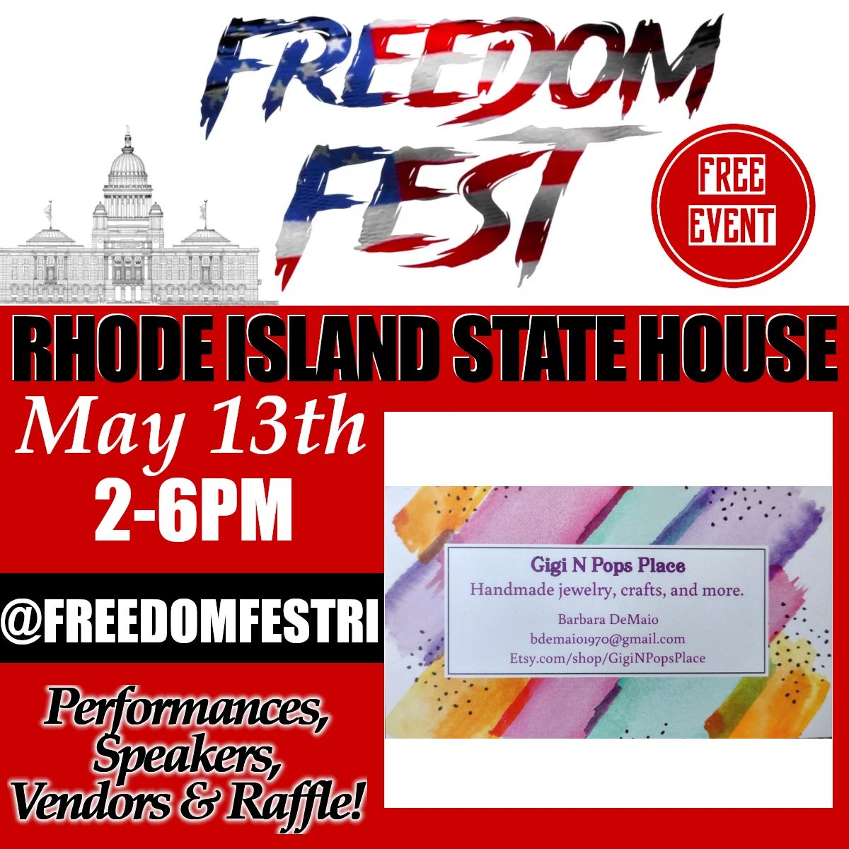 FreedomFestRI's tweet photo. Excited to announce that Gigi N Pops Place will be at #FreedomFestRI ❤️ 

Stop by their table &amp; join us for goodies from local vendors, live performances, guest speakers &amp; raffles!

#RhodeIslandFreedomFest
#SaveRhodeIsland
#RhodeIsland
#Providence
#FreeEvent
#PVD https://t.co/ASKmqwPPrV