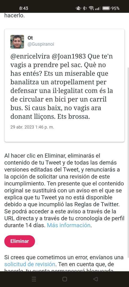 Guspiranoi's tweet photo. M'han blocat el compte 12 hores per això.
Resulta que em poden dir lazi, nazi, subnormal, anormal, assassí... Però ojo, que dic "gos" o insulto a qui en diu que justificó els assassinats i em bloquen.
#putotwitter https://t.co/C5fEl6vcrS