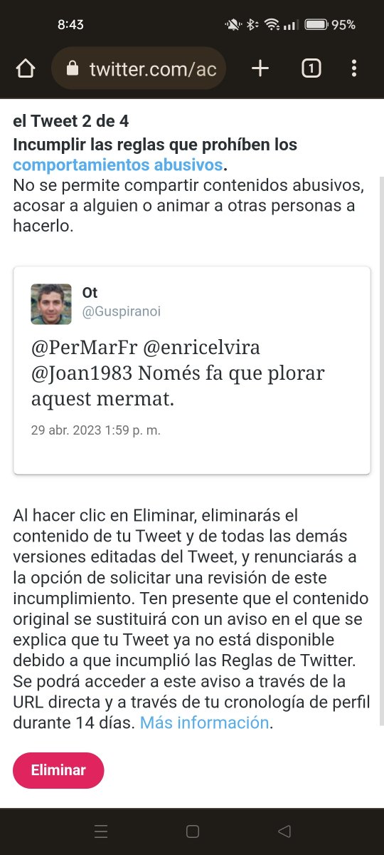 Guspiranoi's tweet photo. M'han blocat el compte 12 hores per això.
Resulta que em poden dir lazi, nazi, subnormal, anormal, assassí... Però ojo, que dic "gos" o insulto a qui en diu que justificó els assassinats i em bloquen.
#putotwitter https://t.co/C5fEl6vcrS