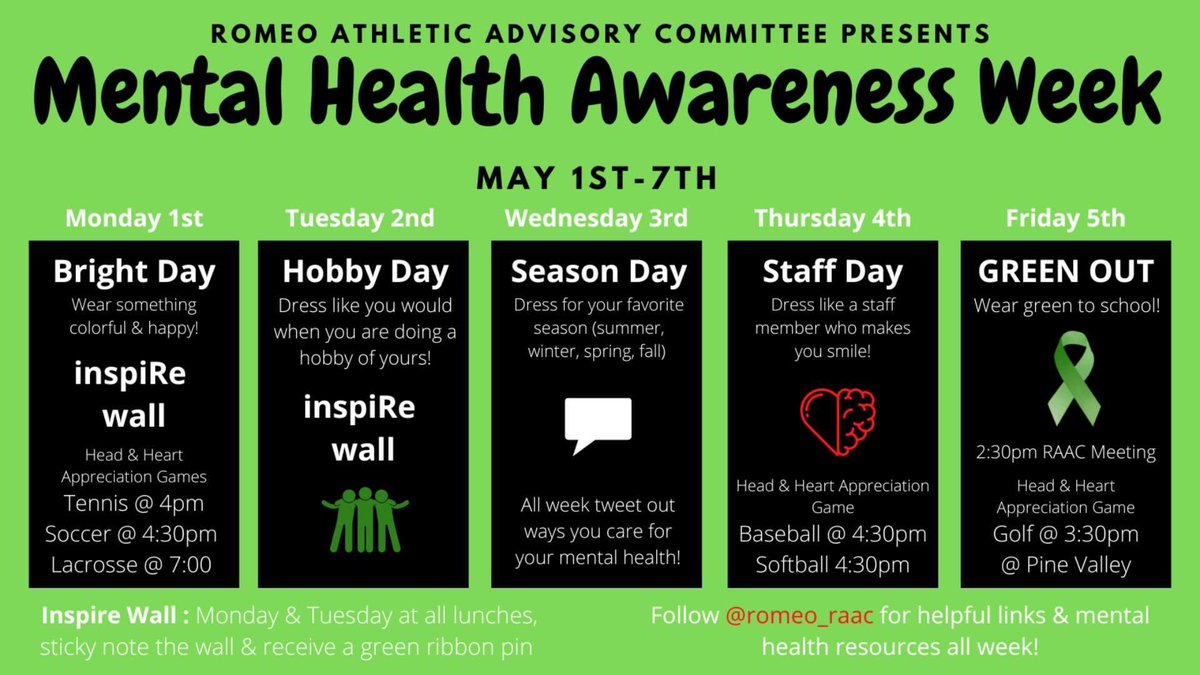 RomeoHighSchool's tweet photo. May is Mental Health awareness month! @Romeo_RAAC  @RHSDEM  @RHSBEI  @RHS_9th_Academy https://t.co/1UylzHaf6H