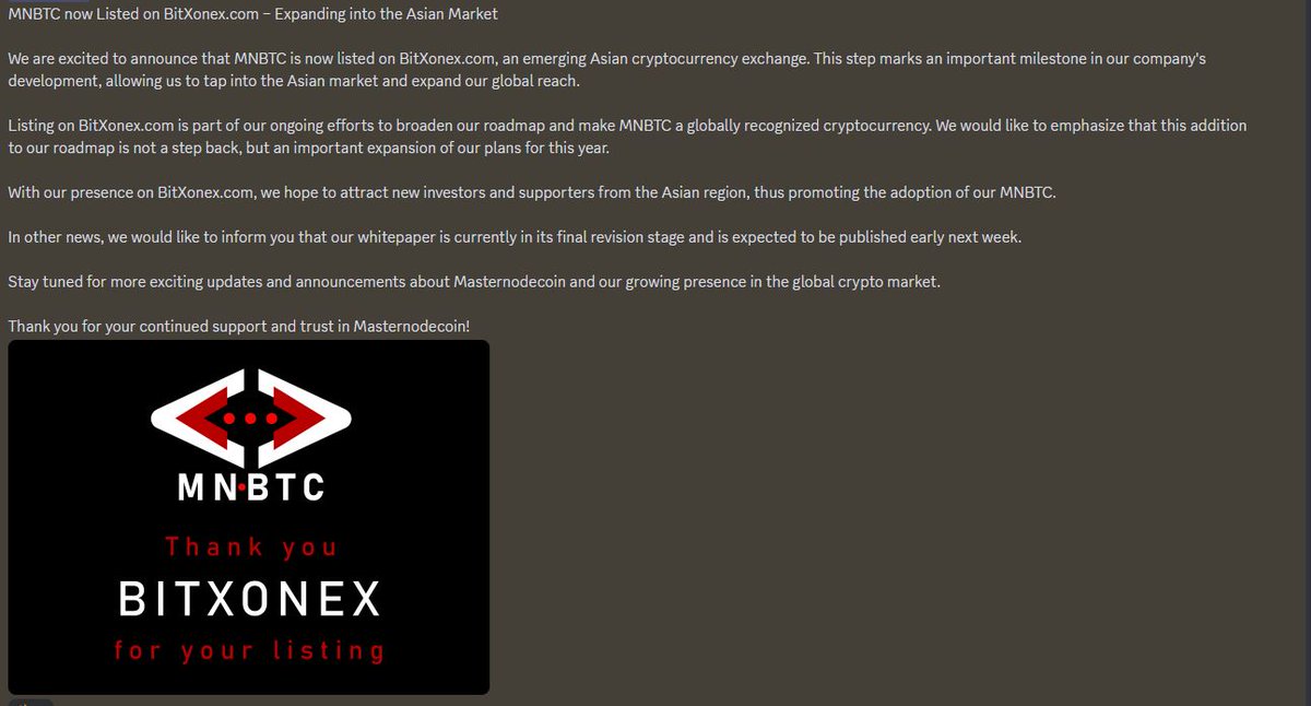 MNBTC now Listed on @Bitxonex  – Expanding into the Asian Market!

#MNBTC #profit #passiveicome #Masternode #POS #BTC #Crypto