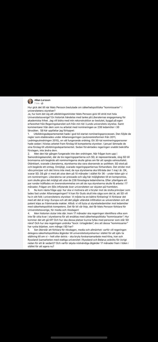 Detta är hur Allan Larsson tolkar det hastiga beslutet att förkorta tiden nya ledamöter ska sitta i universitetens styrelser. facebook.com/allan.larsson.…