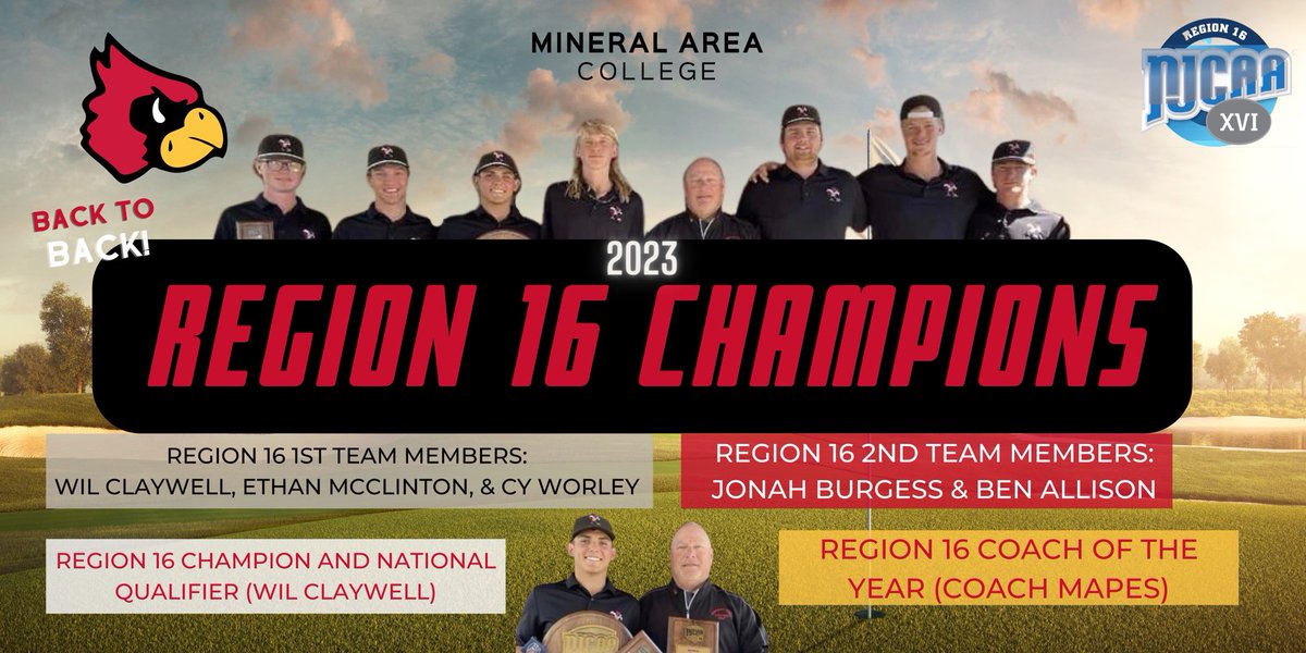 mikemapes5's tweet photo. Region 16 Champions in back to back years. Congratulations Mineral Area College Golf Team.   Wil Claywell is the Region 16 Player of the Year and also a National Championship qualifier. Congratulations Wilbur https://t.co/OLwTL7lYSQ